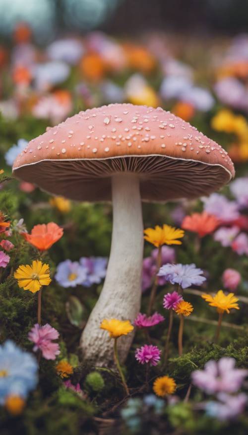 Un champignon pastel solitaire entouré de fleurs printanières vibrantes.