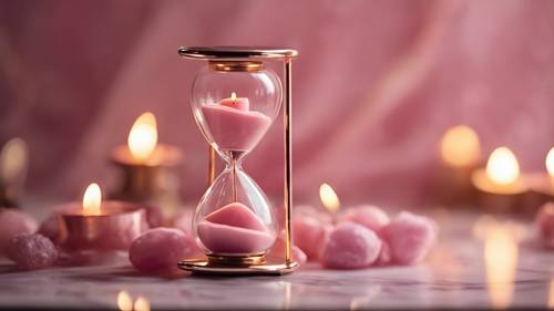 Un reloj de arena de mármol rosa que brilla suavemente a la luz de las velas.