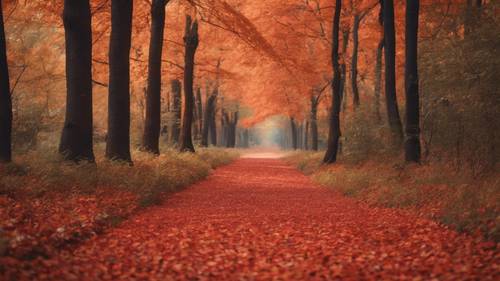 A September forest path carpeted with red and orange fallen leaves