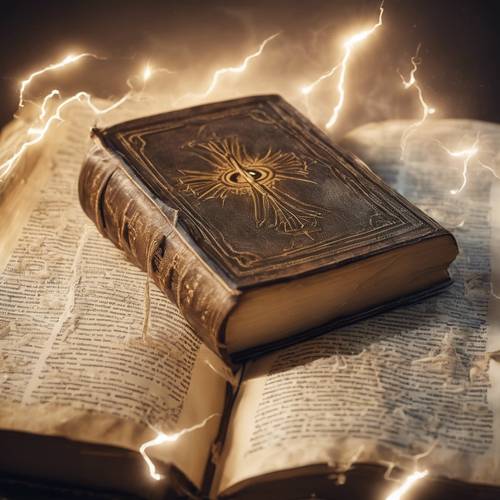 Una vieja Biblia abierta en una página iluminada por un rayo blanco.