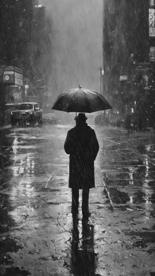 Une peinture monochrome capturant la mélancolie d’un personnage solitaire debout sous la pluie.