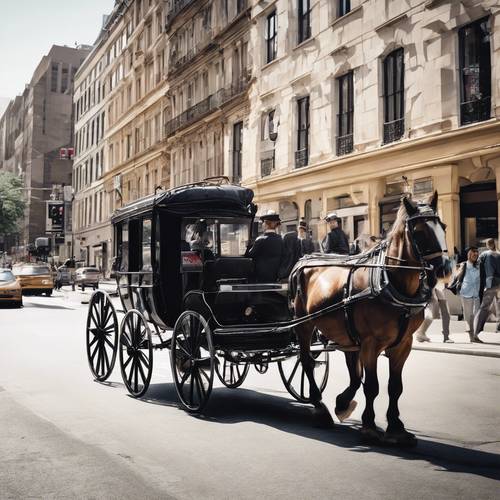 一幅水墨素描，描绘的是一辆古典马车行驶在现代繁华的城市街道上。 墙纸 [a3fe24f3e93149429f63]