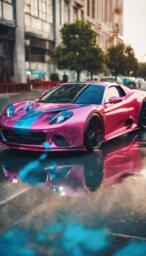 A sleek sports car, half of it painted in shiny bubblegum blue and the other half in flaming red. Дэлгэцийн зураг [b054af59d4d248f98501]