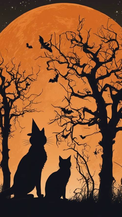 Silhuetas em estilo vintage de bruxas e gatos pretos contra uma lua cheia laranja para um cenário de Halloween.