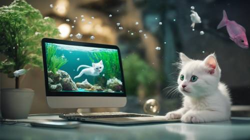 Un gattino bianco con gli occhi verdi che gioca con i pesci in un acquario virtuale sullo schermo di un computer portatile in una stanza tecnologica.