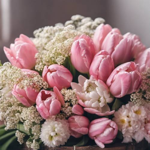 Wiosenny bukiet pełen świeżych różowych tulipanów i chryzantem akcentowany złotym oddechem dziecka.