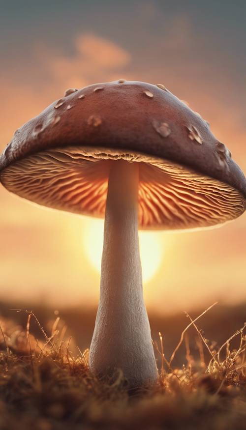 帶有日落背景的單一復古風格蘑菇的插圖。