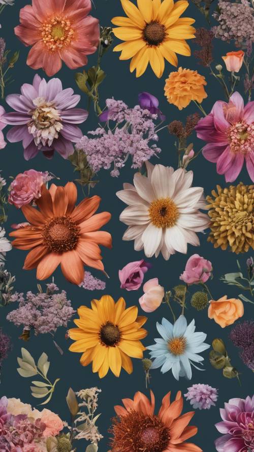 Multiple flowers of different types and colors, distinctively arranged in a bohemian floral design pattern.
