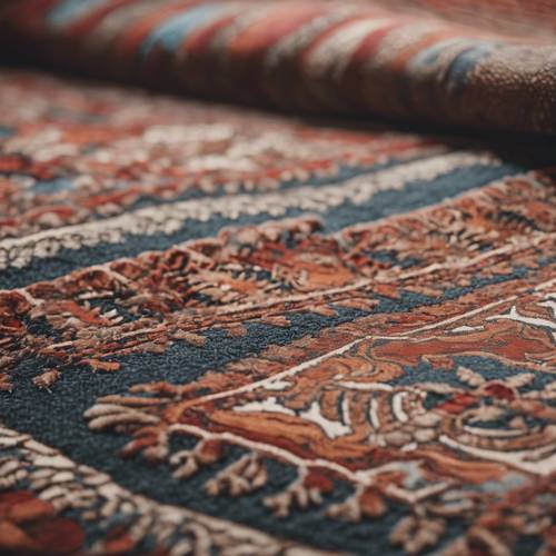 Primo piano di un tappeto tessuto vintage con motivi intricati e una trama polverosa.