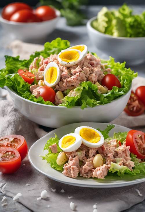 Salad tuna yang sehat dengan telur rebus, selada, dan tomat matang, ditumis hingga sempurna.