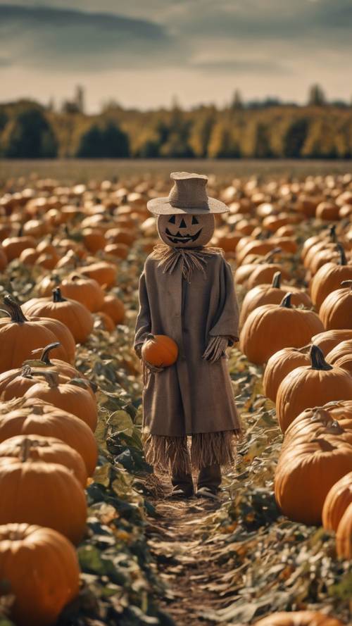 A scarecrow stand alone in the middle of a pumpkin patch during the September harvest.