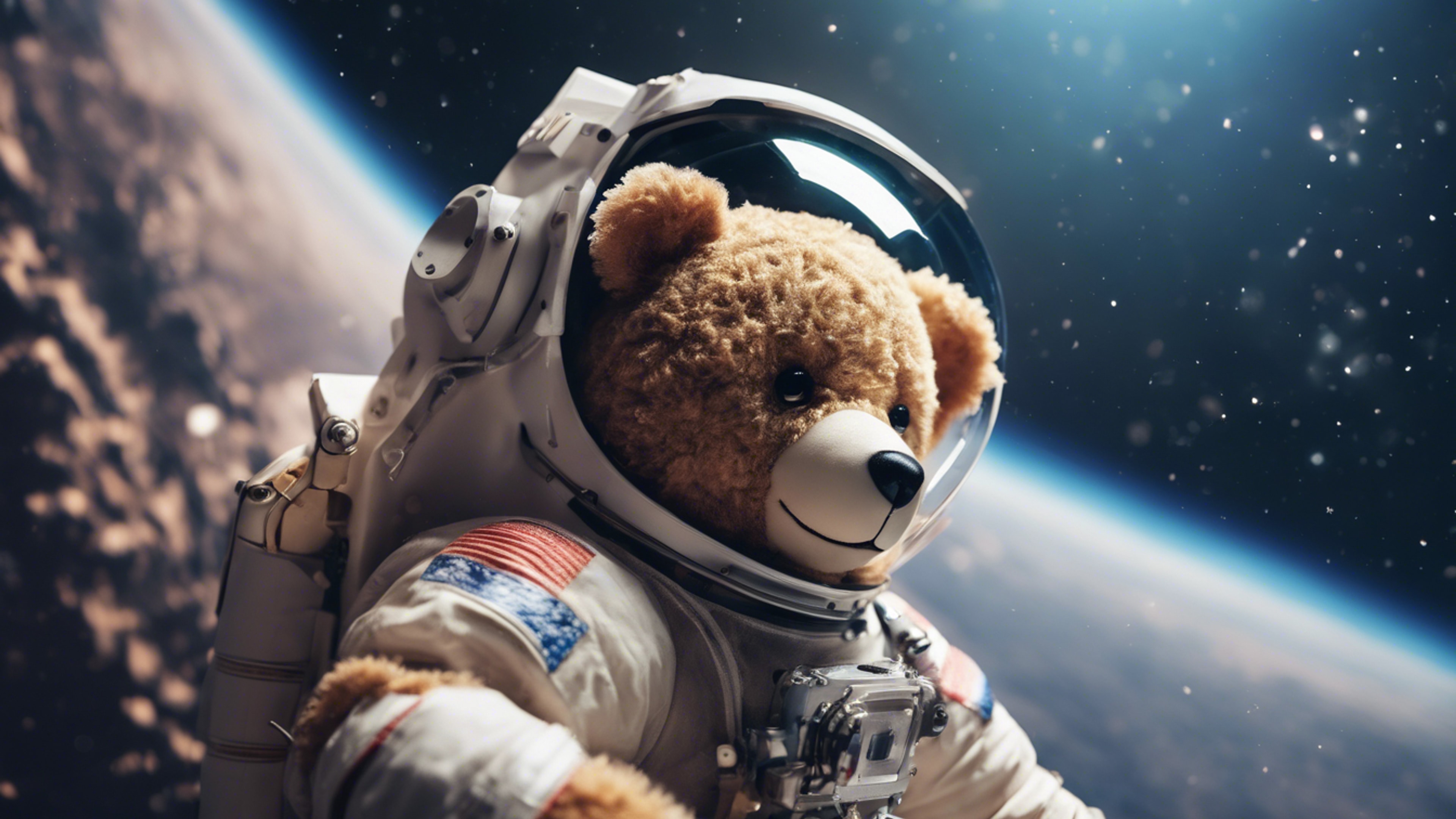A teddy bear astronaut floating in space. Tapet[264e253f630141468c44]