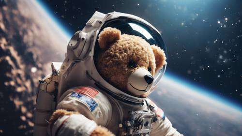 Um astronauta ursinho de pelúcia flutuando no espaço.