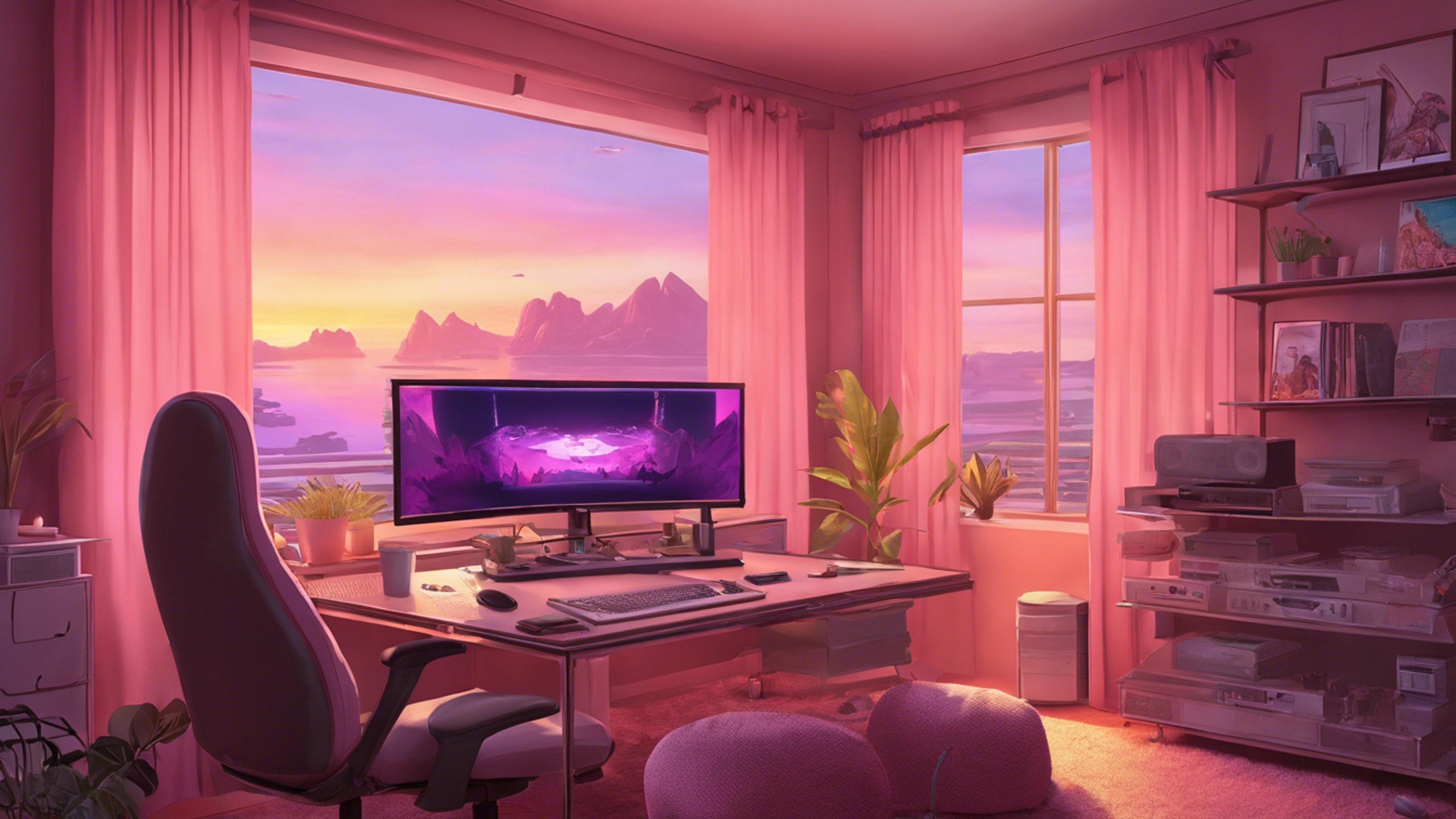 A beautiful shot of a gaming room at dusk with pastel pink curtains slightly drawn, allowing soft sunset hues to blend with the gaming setup's ambient light. Hintergrund[98f2c4ff56214265aa5c]