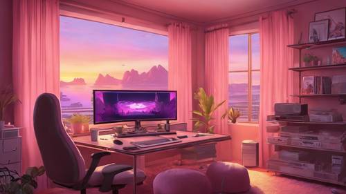 Eine wunderschöne Aufnahme eines Gaming-Zimmers in der Abenddämmerung mit leicht zugezogenen pastellrosa Vorhängen, wodurch die sanften Farbtöne des Sonnenuntergangs mit dem Umgebungslicht des Gaming-Setups verschmelzen.