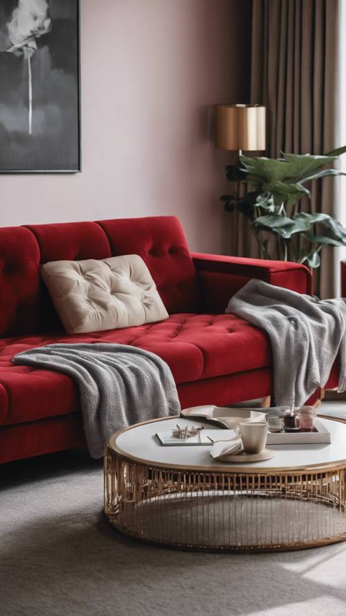 Un lussuoso divano in velluto rosso in un soggiorno moderno e minimalista, il cui colore risalta in una scena altrimenti neutra.