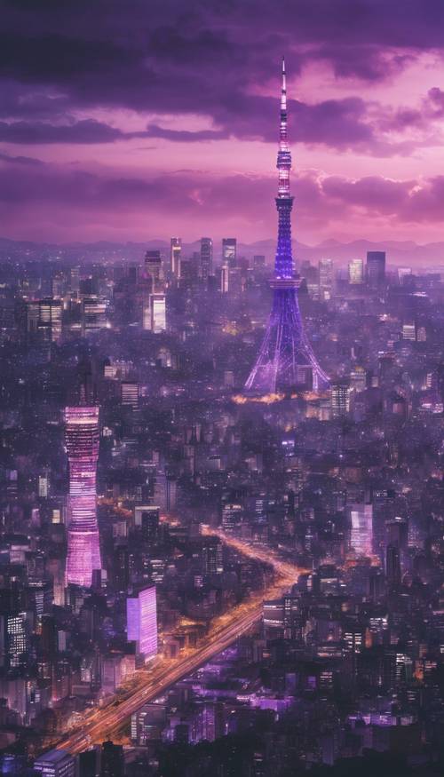 一幅現代水彩畫，描繪了傍晚紫色燈光下的東京天際線