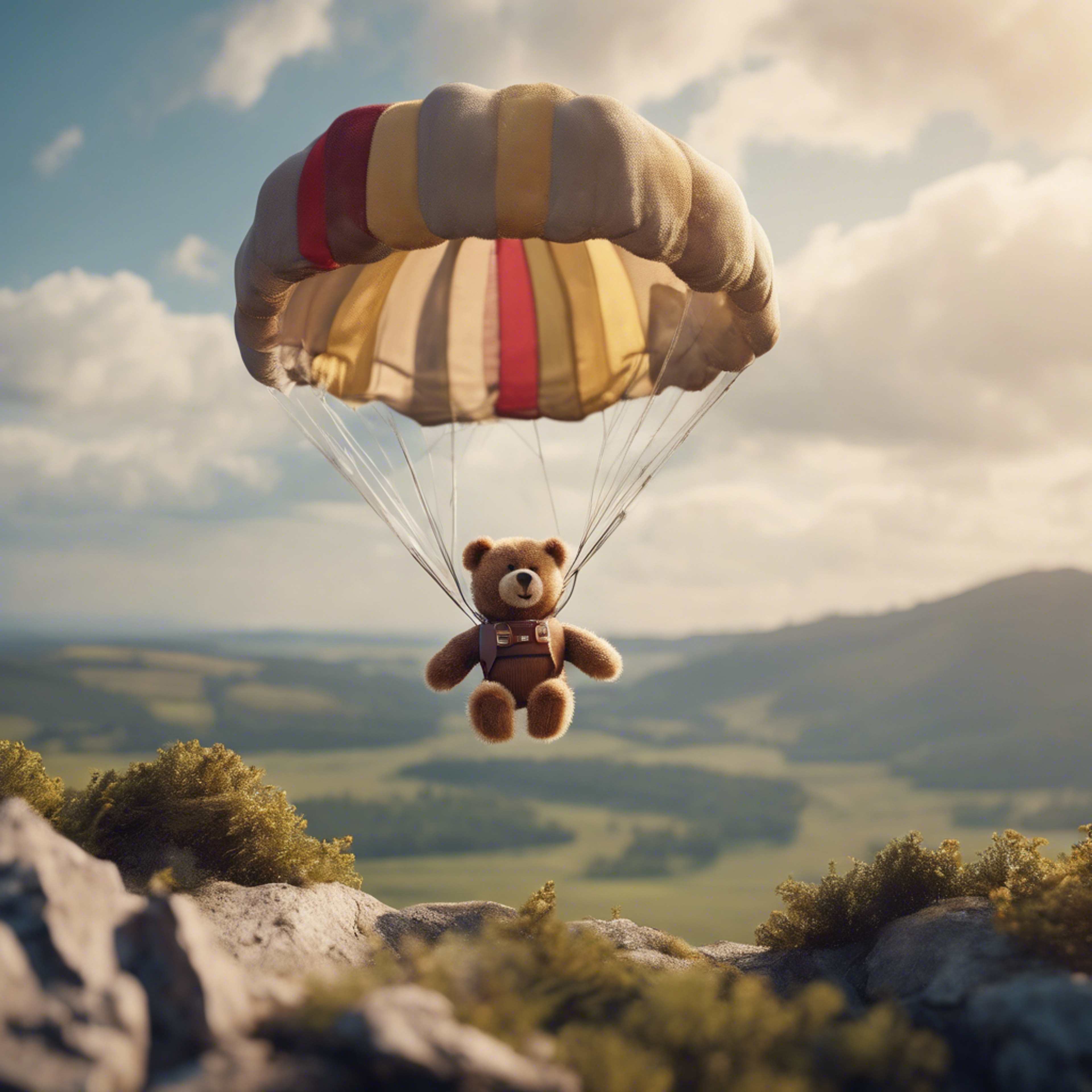 A teddy bear parachuting from a high toy airplane, with a thrilling landscape beneath.壁紙[36a96922edbd44d1907c]