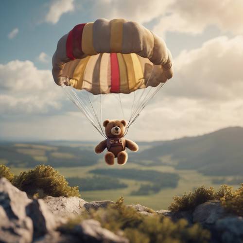 Um ursinho de pelúcia saltando de pára-quedas de um avião de brinquedo alto, com uma paisagem emocionante abaixo.