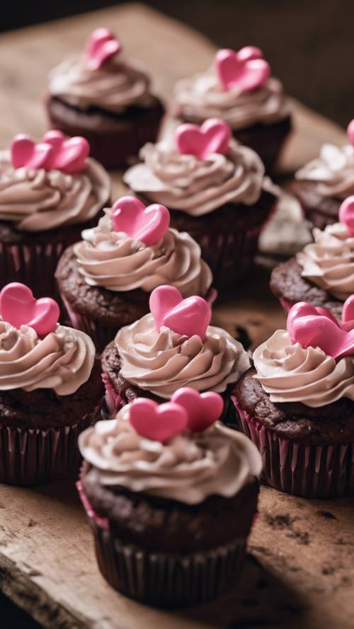 A group of chocolate cupcakes with pink hearts on top, arranged on a wooden table.