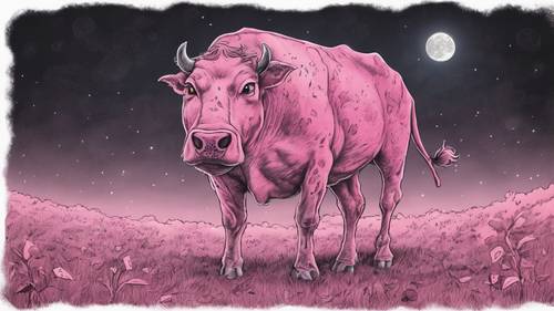 Desenho infantil com tema de terror de uma vaca rosa se transformando em um lobisomem sob a lua cheia.