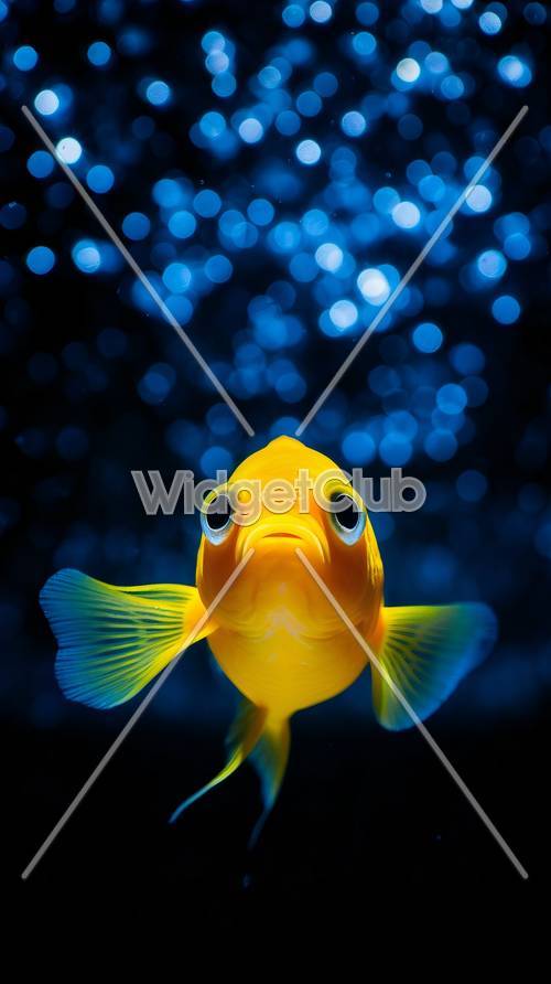 亮黄色的鱼和闪闪发光的蓝色气泡