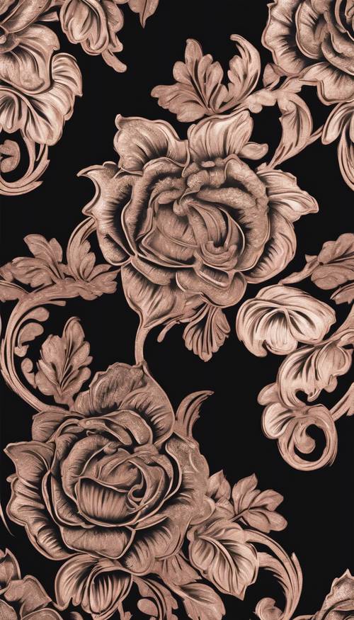 Un elegante patrón de damasco de oro rosa sobre un fondo negro brillante.
