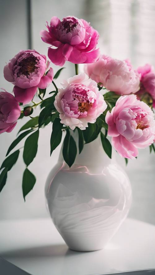 Un jarrón blanco moderno lleno de un arreglo de peonías de color rosa brillante.