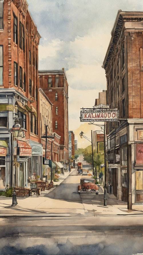 Une aquarelle vintage illustrant le centre-ville de Kalamazoo au cours des années 1800.