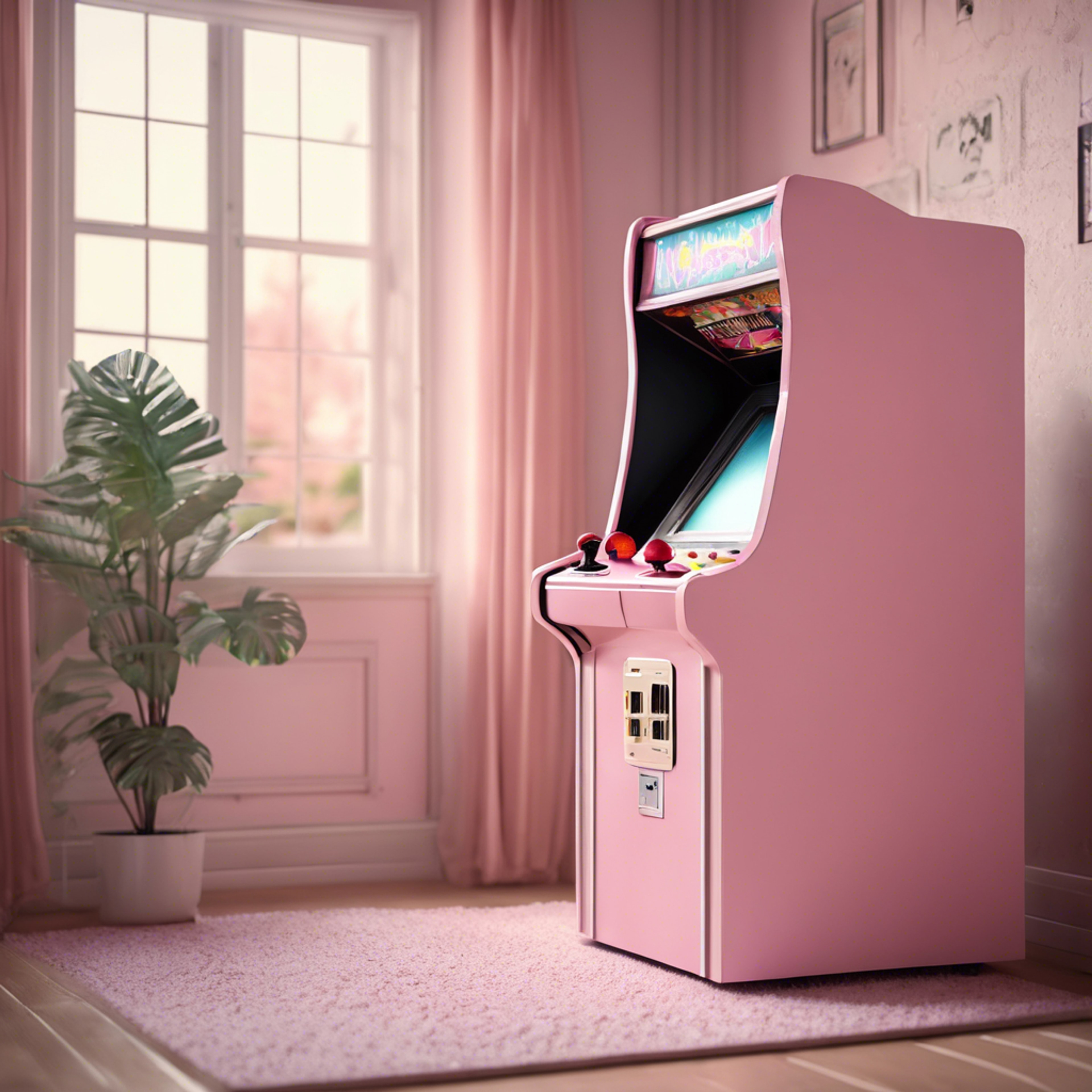 A pastel pink retro arcade machine in a cute, feminine room during sunrise. Wallpaper[d6fdc55d66e84aad939c]