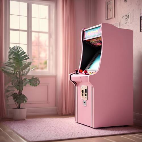 Mesin arcade retro berwarna merah muda pastel di ruangan yang lucu dan feminin saat matahari terbit.