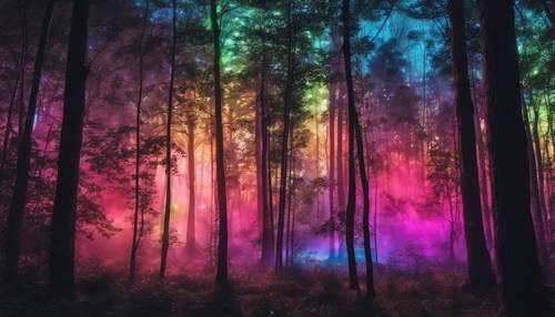 Яркая неоновая радуга, освещающая густой лес в сумерках.