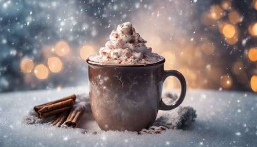 A steaming cup of hot cocoa held up against a background of sparkling frost.