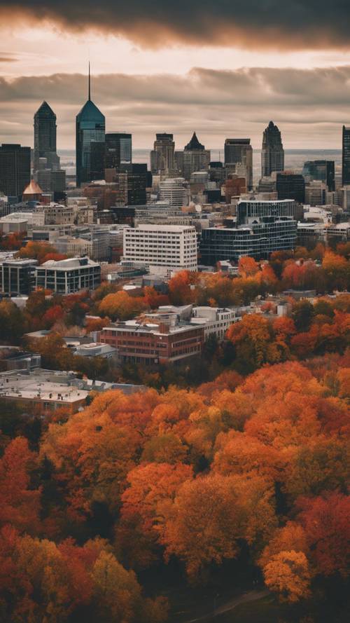 Um horizonte dramático de Montreal capturado durante o outono, quando as árvores estão coloridas.