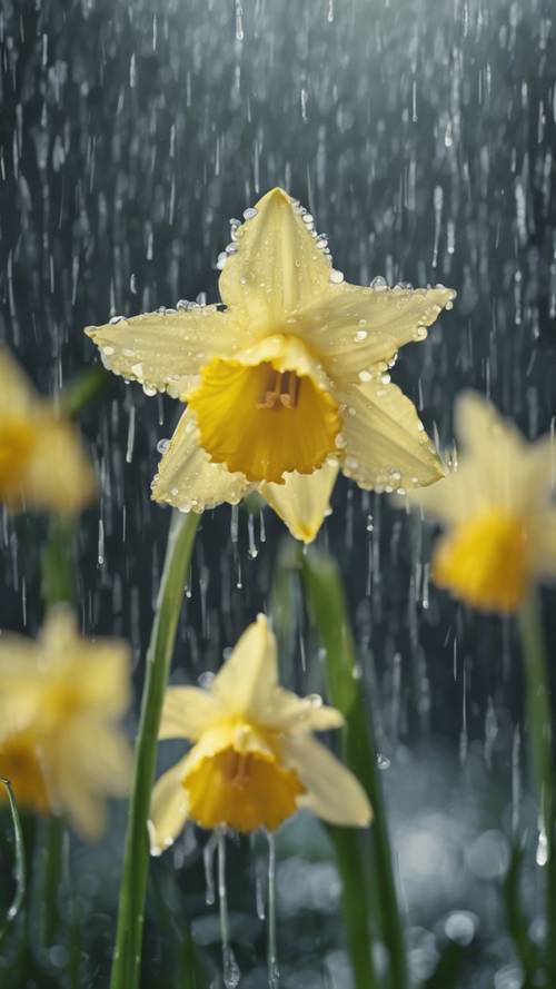 Delikatny żółty żonkil kłaniający się pod delikatnym wiosennym deszczem.