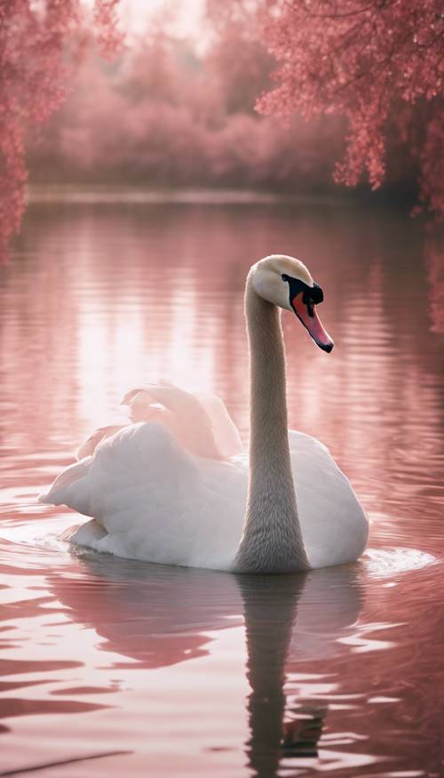 ภาพที่สวยงามของหงส์ขาวว่ายน้ำอย่างสง่างามในทะเลสาบสีชมพูอ่อน
