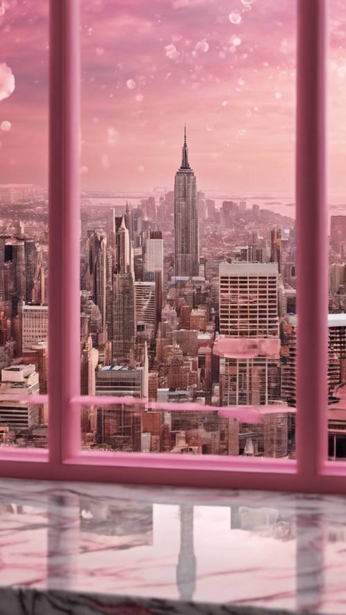 ピンクの大理石の窓から見る街の景色の壁紙