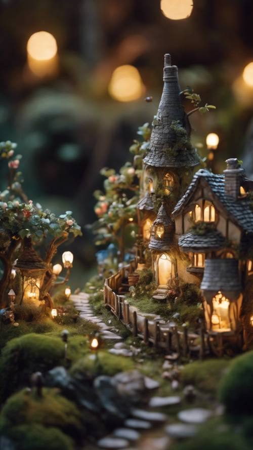 A whimsical fairy garden bathed in soft moonlight, complete with miniature houses, glowing lanterns, and whispering willows.