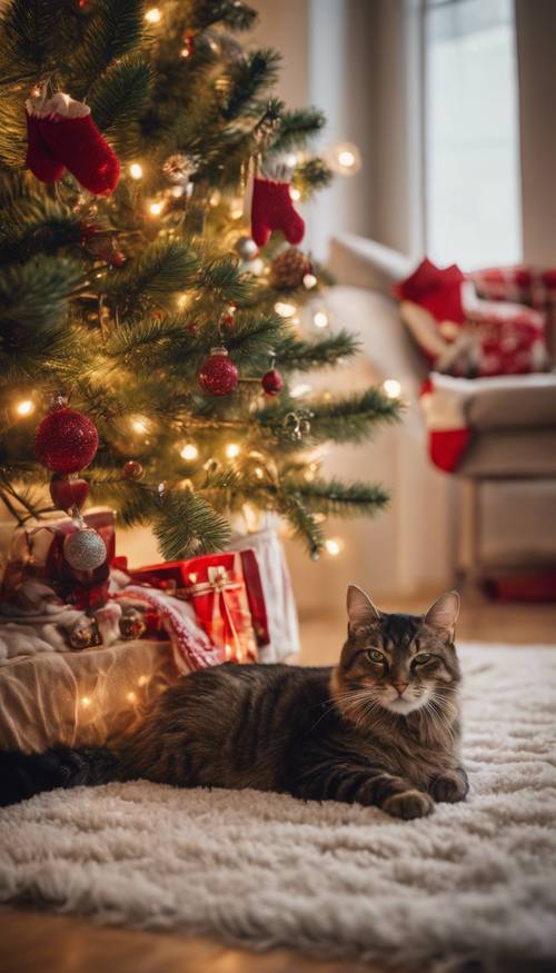 Une scène intérieure chaleureuse avec des bas de Noël accrochés près du feu, un chat somnole sur un tapis moelleux et un arbre décoré en arrière-plan.