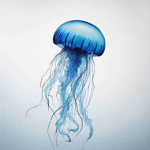 A minimalist painting of a blue jellyfish against a pure, white background.