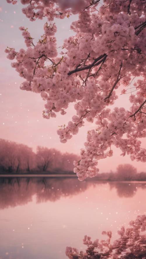 Un cerisier en pleine floraison au bord d&#39;un lac calme, sous un ciel crépusculaire rose pâle.