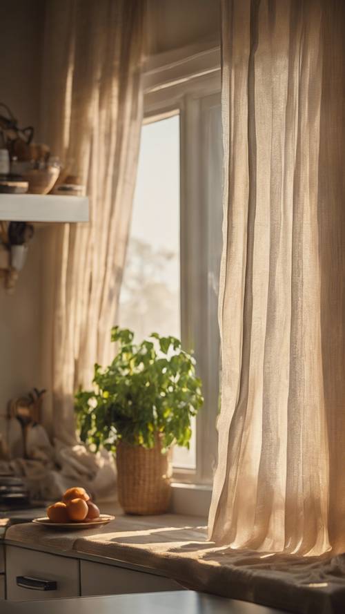 Кухонная сцена с теплым утренним светом, струящимся сквозь полупрозрачные льняные шторы.