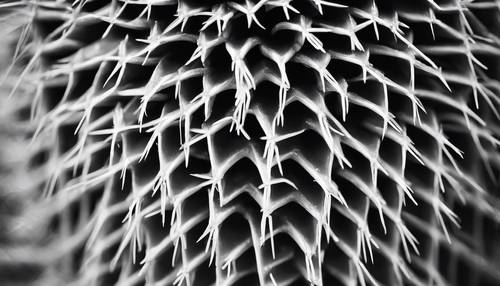 Schwarz-weiße, abstrakte Nahaufnahme der Stacheln eines Kaktus, die ihre Komplexität hervorhebt.