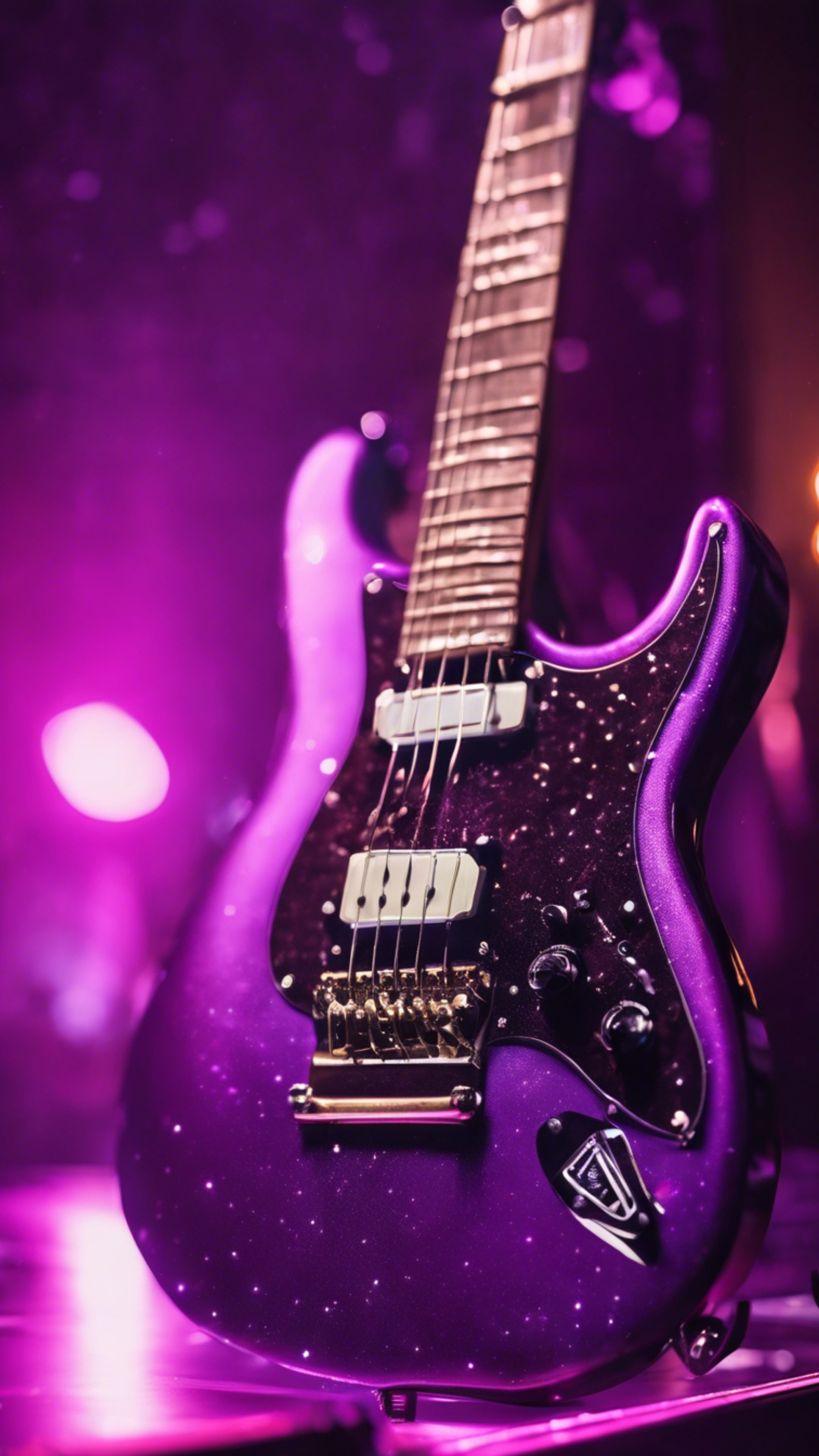 An electric guitar, finished in a glossy neon purple, under the cool stage lights of a concert. Taustakuva[e32ffa723fc740a5910d]