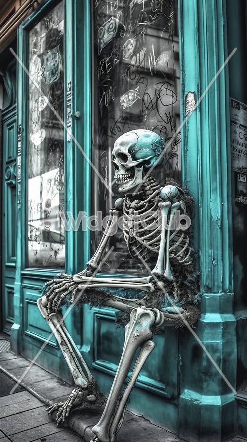 Cool Skeleton at a Blue Shop Door