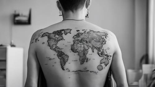 Ein Tattoo mit einer Weltkarte in Graustufen auf jemandes Rücken.