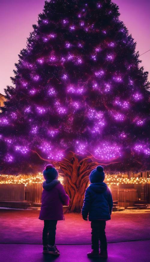 Dos niños admirando un enorme árbol de Navidad al aire libre iluminado con una brillante luz violeta.