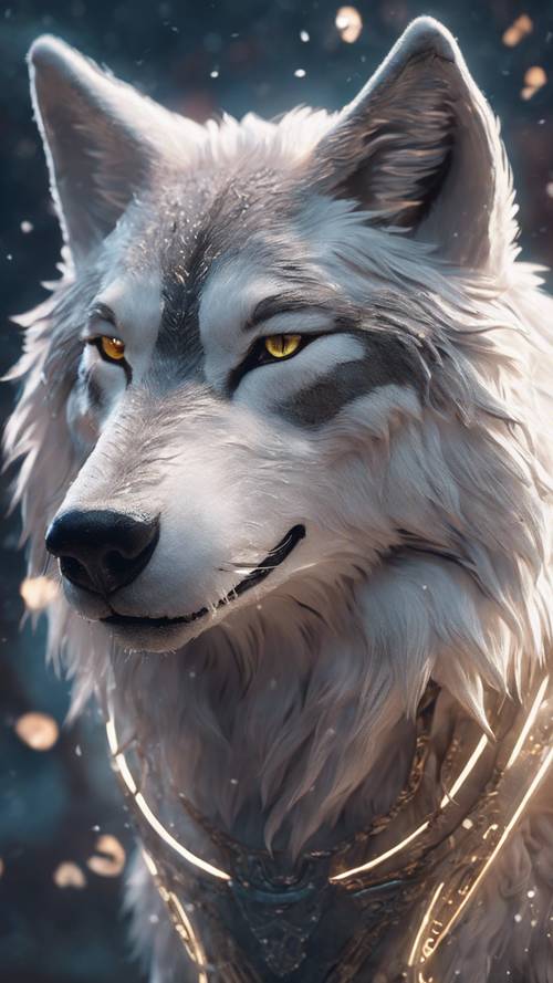 Przedstawienie w stylu anime legendarnego, mistycznego obrońcy wilka, którego oczy świecą eteryczną energią.