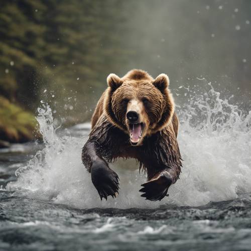 Niedźwiedź brunatny radośnie łapie łososia skaczącego w górę rzeki w wirującej mgle.
