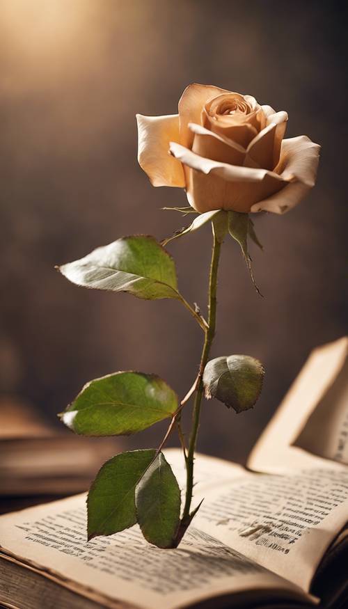 Một cành hoa hồng màu rám nắng trên nền mờ của một cuốn sách cũ sờn.